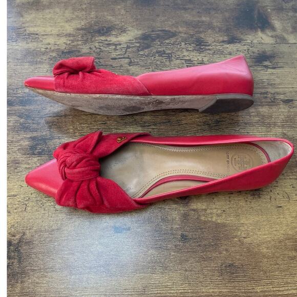 Tory Burch Womens Red 8M Eleanor Flat Suede Bow Pointed Toe Shoe Office Wear - Picture 4 of 8